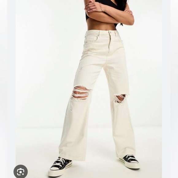 Re/Done Denim - Re/Done Relaxed long Off-White distressed Denim Pants 31